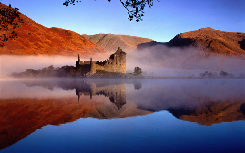 Ruined Castle on Lake — Blue, Serene