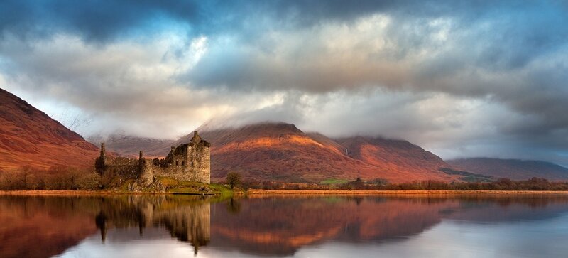 Ruined Castle on Lake Shore — Blue, Dramatic, Sunset
