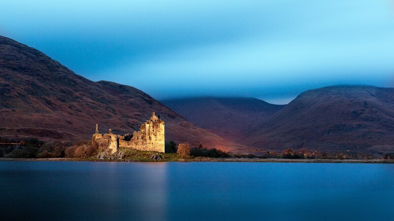 Ruined Castle on Lake Shore — Blue