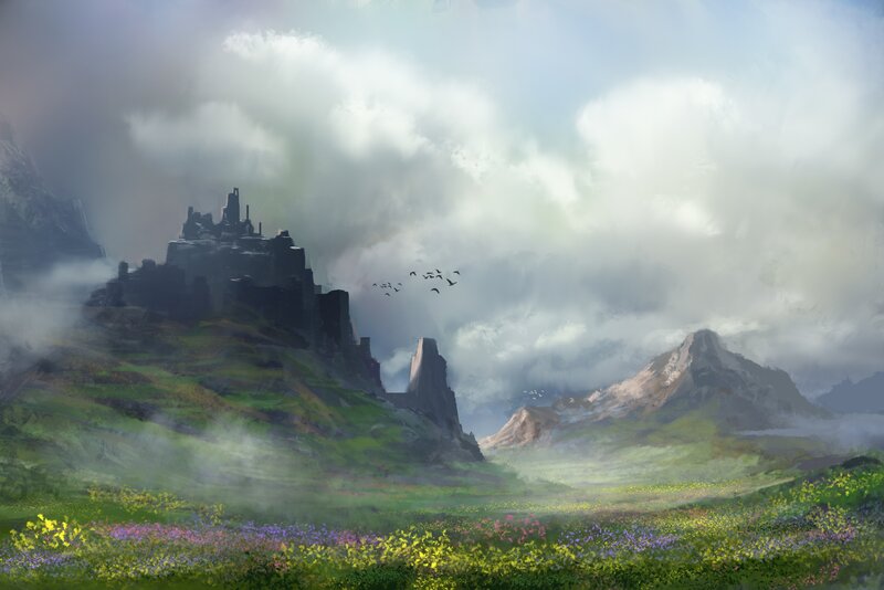 Ruined Castle on Mountain — Green, Dramatic