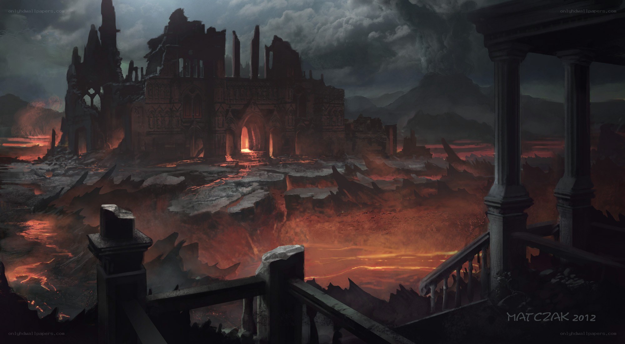 ruined castle over lava