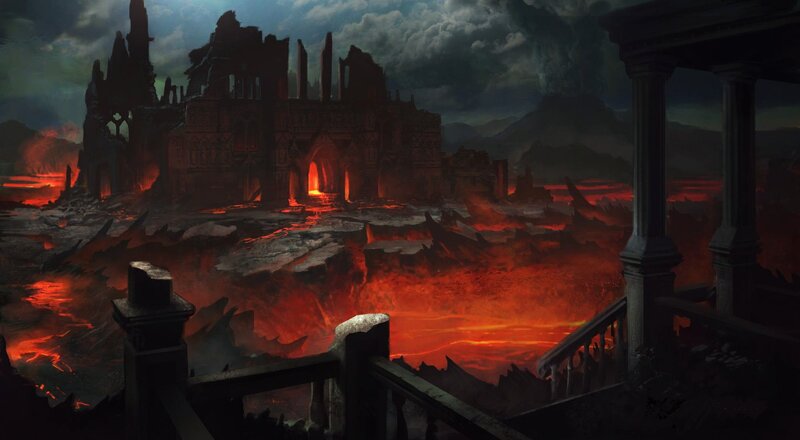 Ruined Castle over Lava — Red