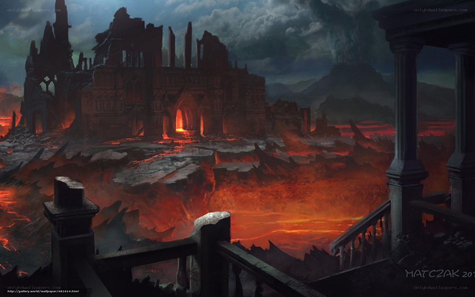 ruined castle over lava