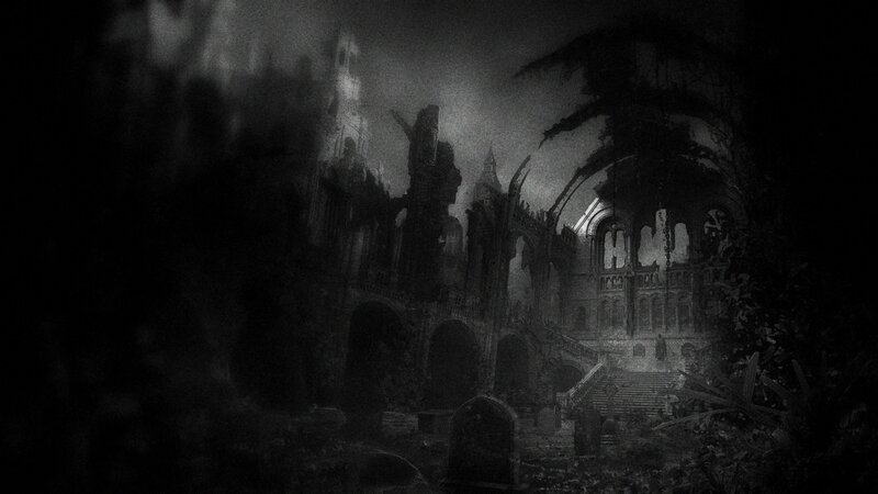 ruined cathedral at night