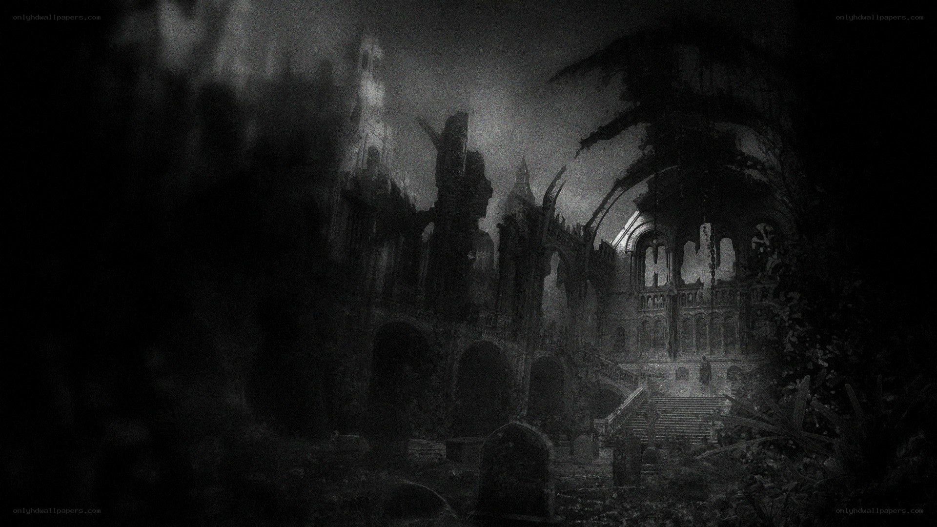 ruined cathedral at night