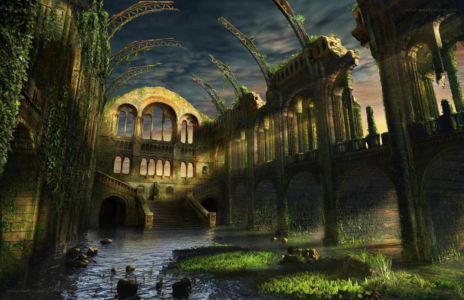 ruined cathedral by water