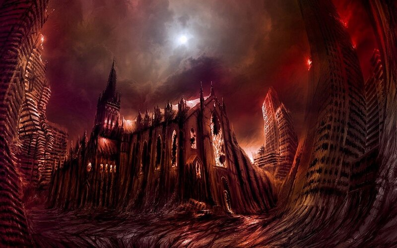 Ruined Cathedral City — Red, Dramatic, Night, Digital Art