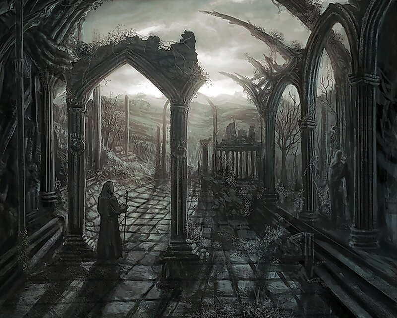 ruined cathedral corridor