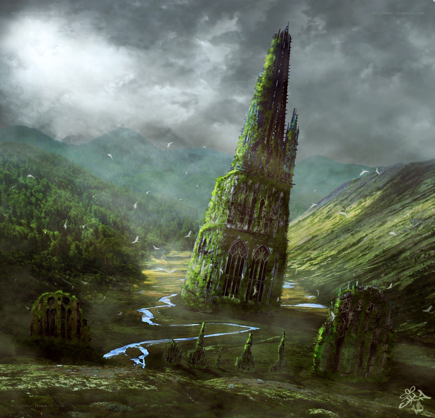 Ruined cathedral in a valley