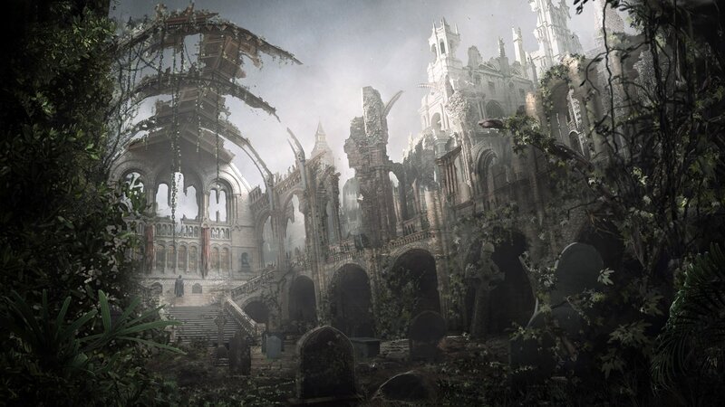 Ruined Cathedral in Forest — Gray