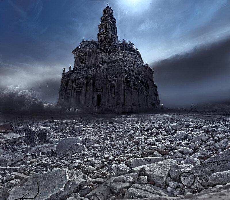 ruined cathedral in wasteland