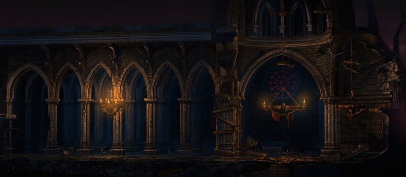 Ruined Cathedral Interior — Dark Gray, Dramatic, Somber