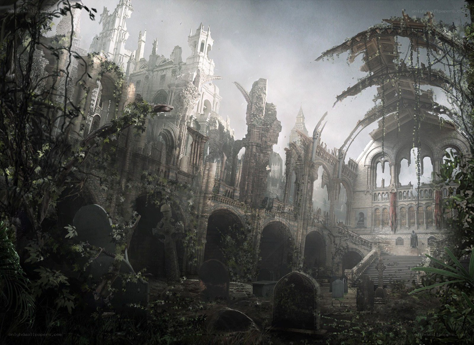 ruined cathedral overgrown with vines