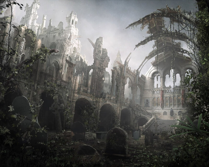 Ruined cathedral overgrown with vines