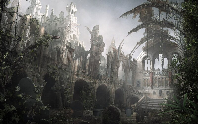 ruined cathedral overgrown with vines