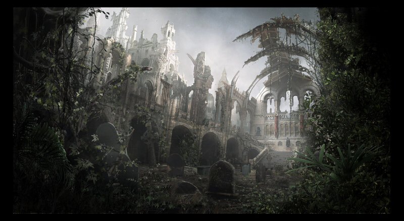 Ruined cathedral overgrown with vines