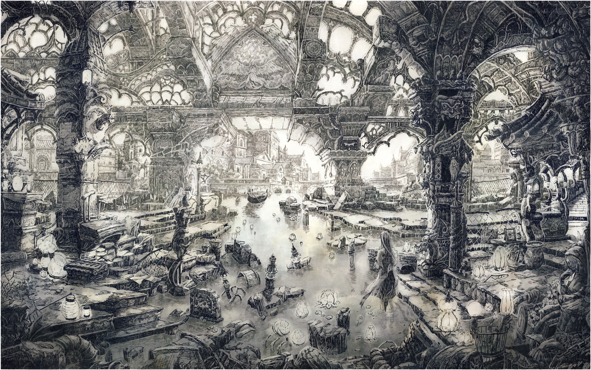 ruined cathedral with flooded interior