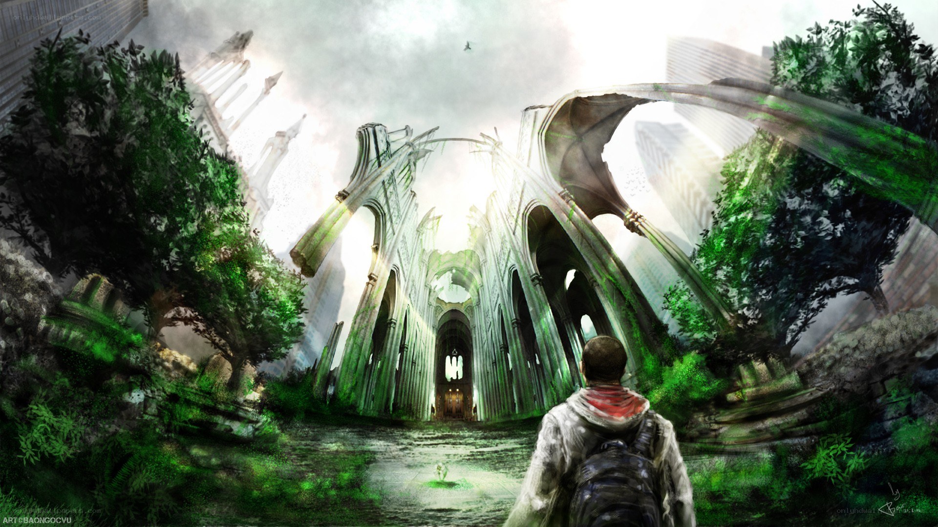 ruined cathedral with green light