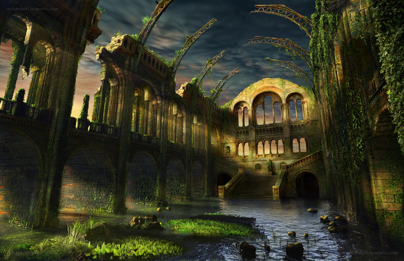 ruined cathedral with water