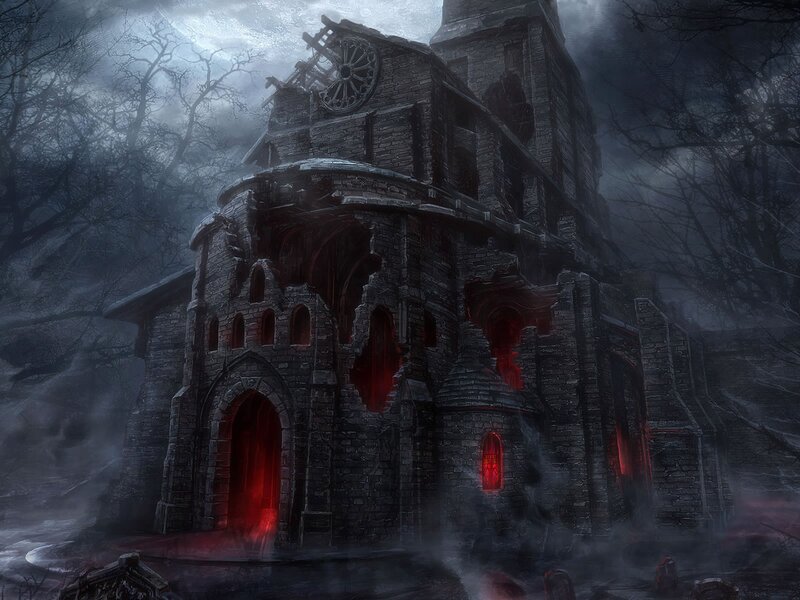 ruined church in a dark forest