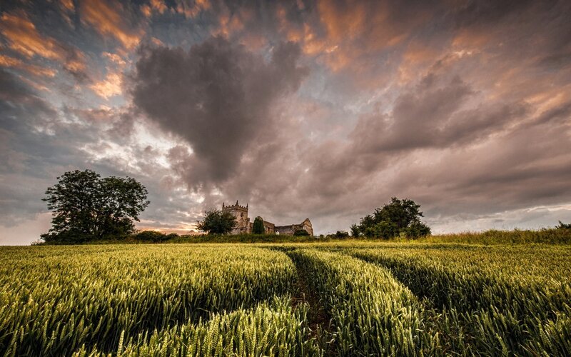 Ruined Church in Field — Green, Dramatic