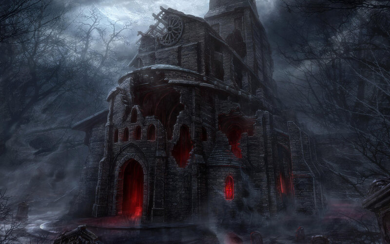 Ruined Church in Forest — Gray, Dark, Night