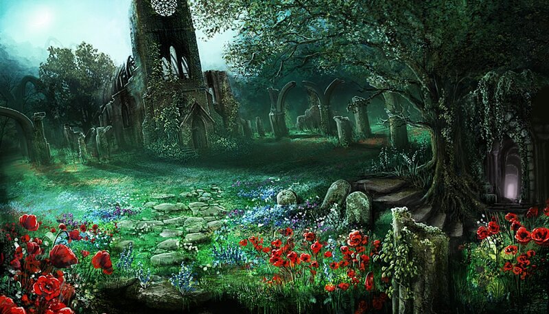 Ruined Church in Forest — Green, Mysterious