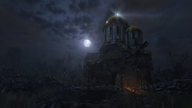 Ruined church under moonlight