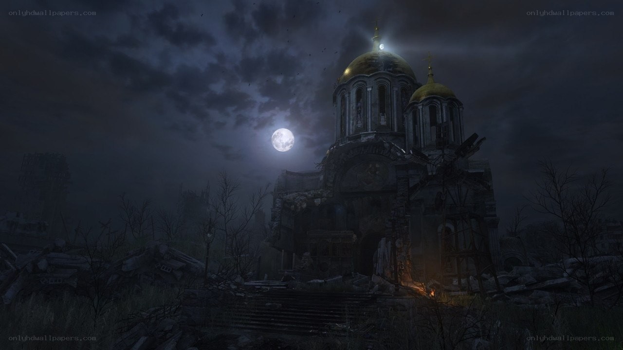 Ruined church under moonlight