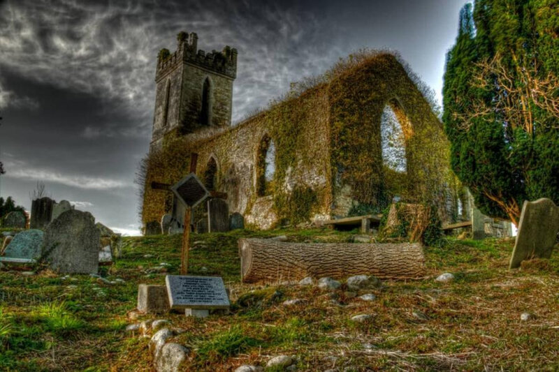ruined church with graveyard