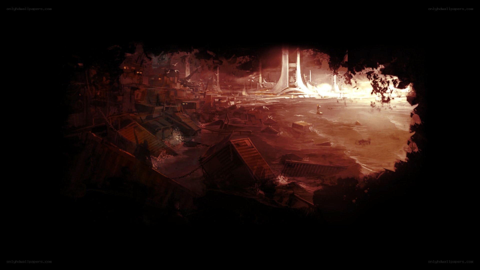 ruined city at dusk