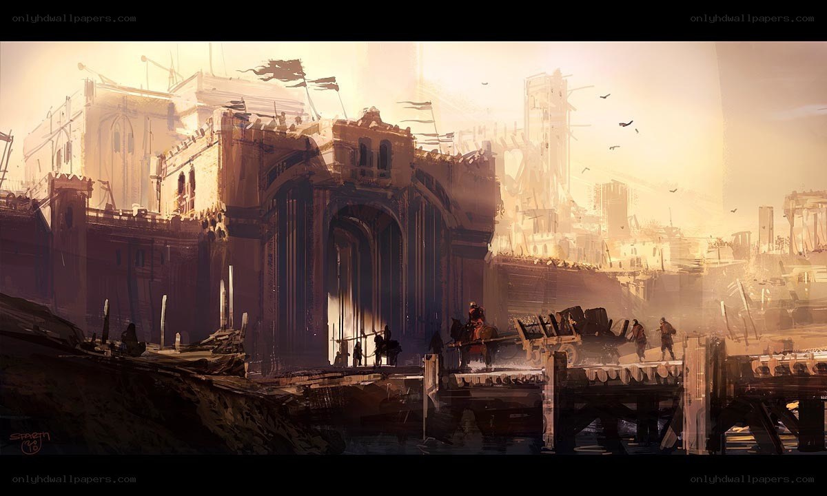 ruined city at sunset