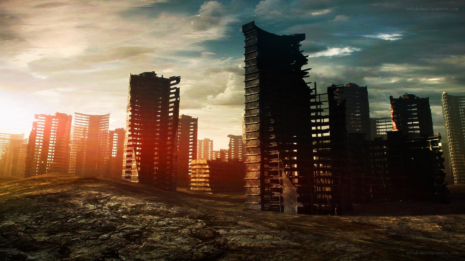 ruined city at sunset