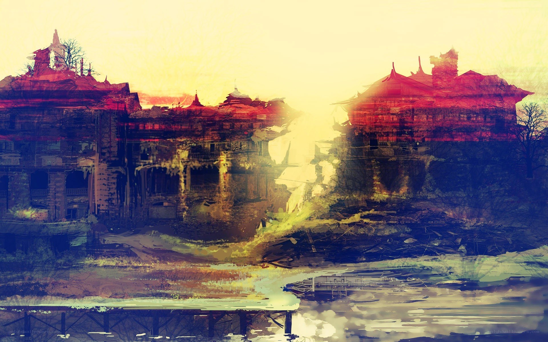 ruined city at sunset