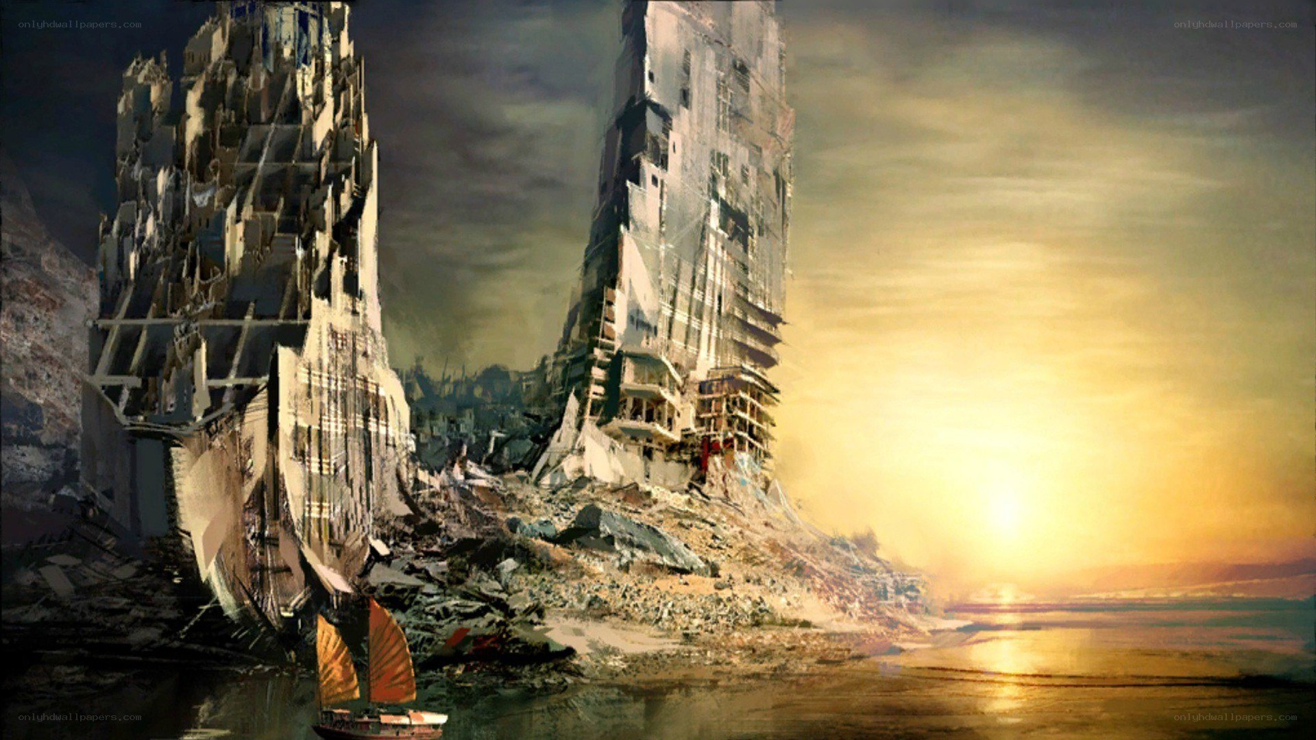 ruined city at sunset