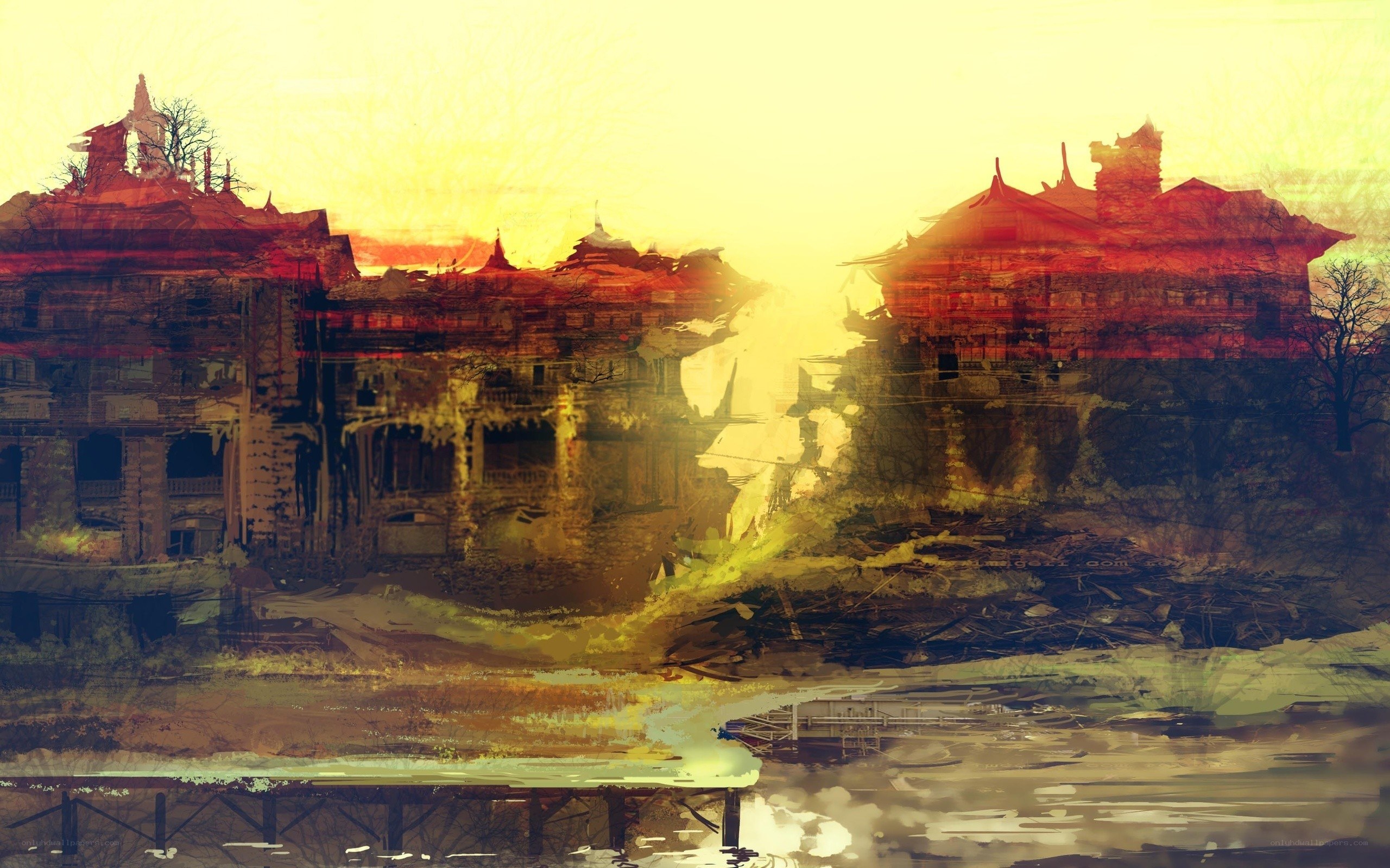 ruined city at sunset