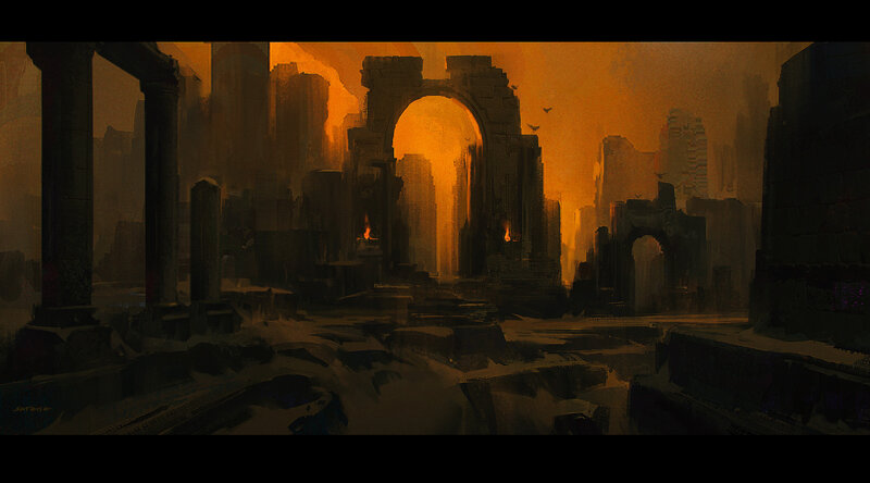 Ruined City at Sunset — Orange, Dramatic, Digital Art, Arches