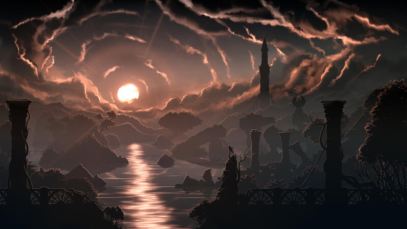 Ruined City at Sunset — Orange, Dramatic, Digital Art, River