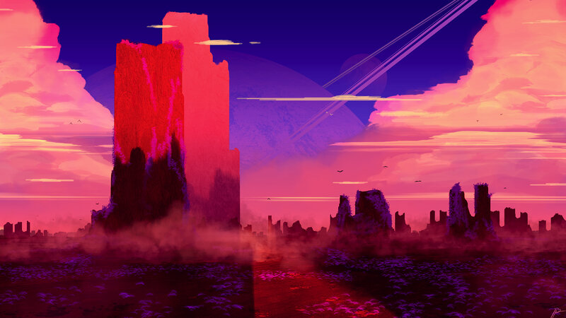 Ruined City at Sunset — Pink