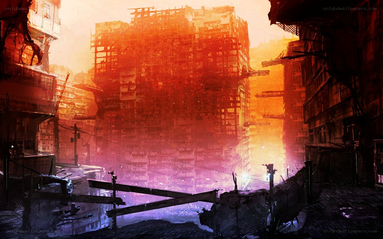 ruined city at sunset