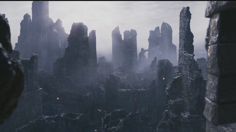 ruined city in mist