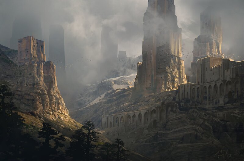 Ruined City in Mountains — Gray