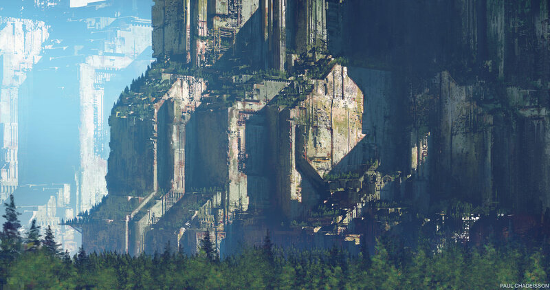 Ruined City on Cliff — Green, Dramatic