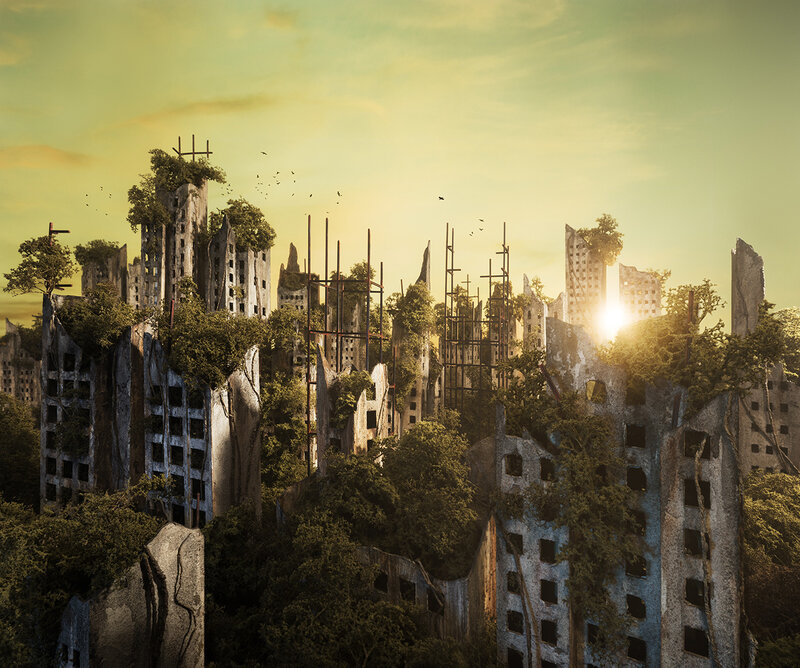 Ruined City Overgrown with Trees