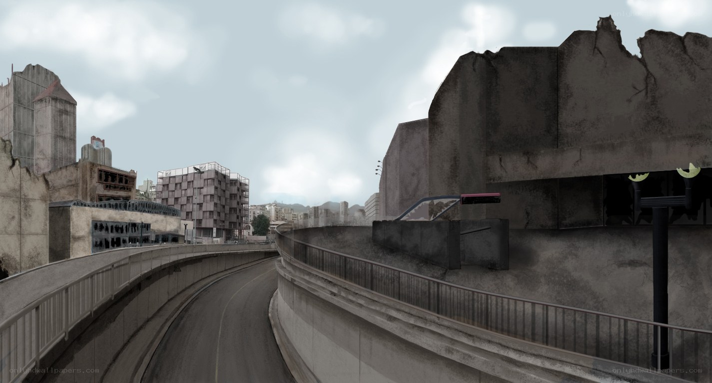 ruined city overpass scene
