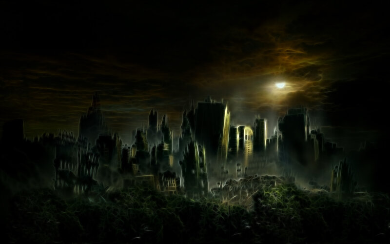 Ruined City Skyline — Black, Dramatic, Night, Digital Art, Moon