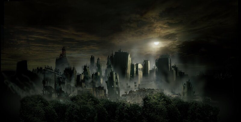 Ruined City Skyline — Black, Dramatic, Night, Digital Art, Skyscrapers, Smoke, Trees, Moon