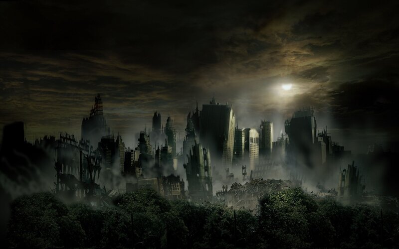 Ruined City Skyline — Black, Dramatic, Night