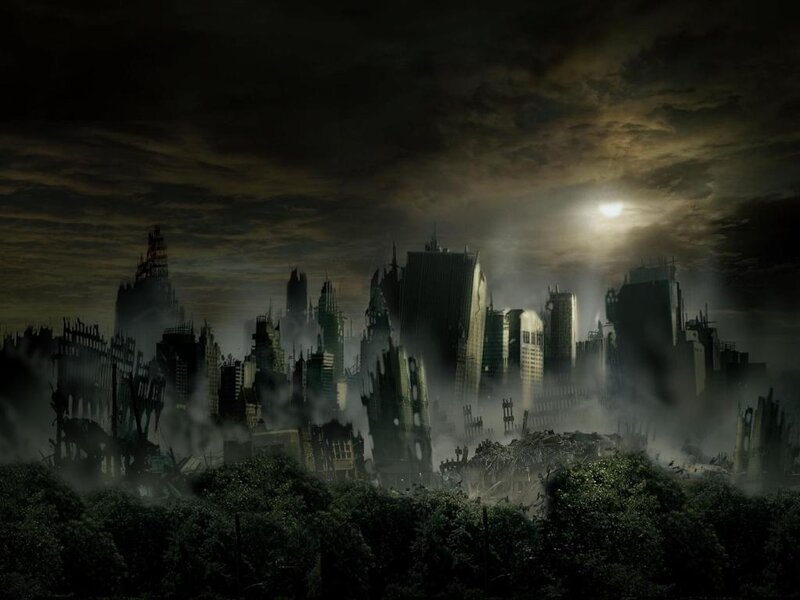Ruined City Skyline — Black, Dramatic