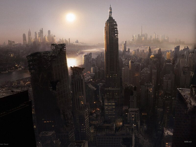 Ruined City Skyline — Gray, Apocalyptic, Sunset, Digital Art, Skyscraper, River